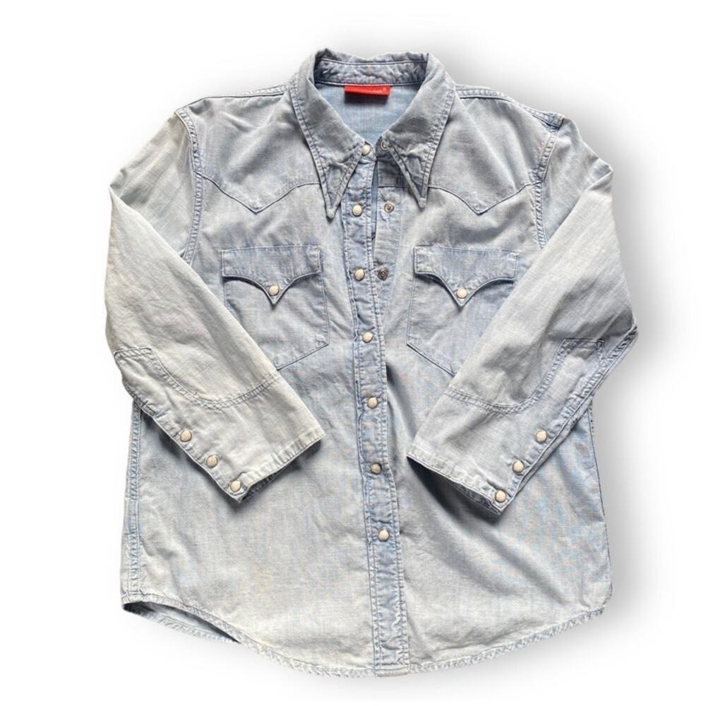 Denimist Pearl Snap Western Chambray Shirt Wmn's Sz S Light Blue Cowboy Country